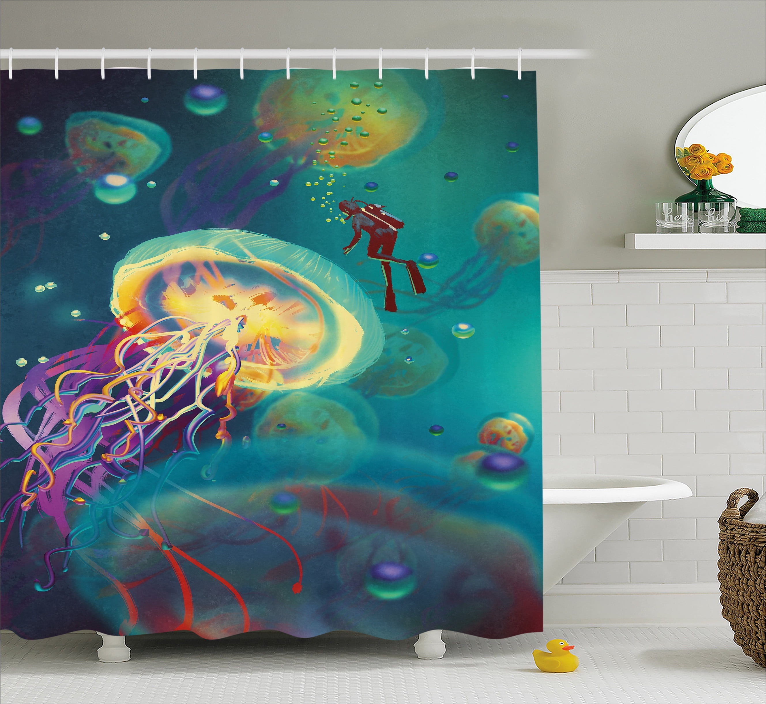 Fantasy Shower Curtain Giant Jellyfish And Diver In The Sea Fantasy Shower Curtain Giant Jellyfish And Diver In The Sea Underwater Submarine Aquatic Artwork Print Fabric Bathroom Set With Hooks Teal Purple