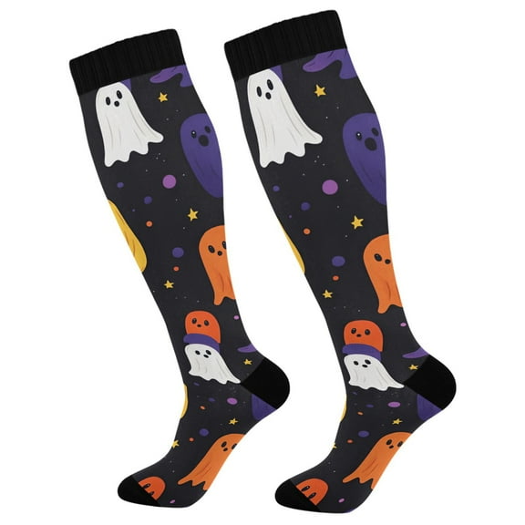 FORMRS Womens Knee High Socks Casual Long Thick Travel Daily Wear, 1 Pair, Halloween Colorful Ghosts