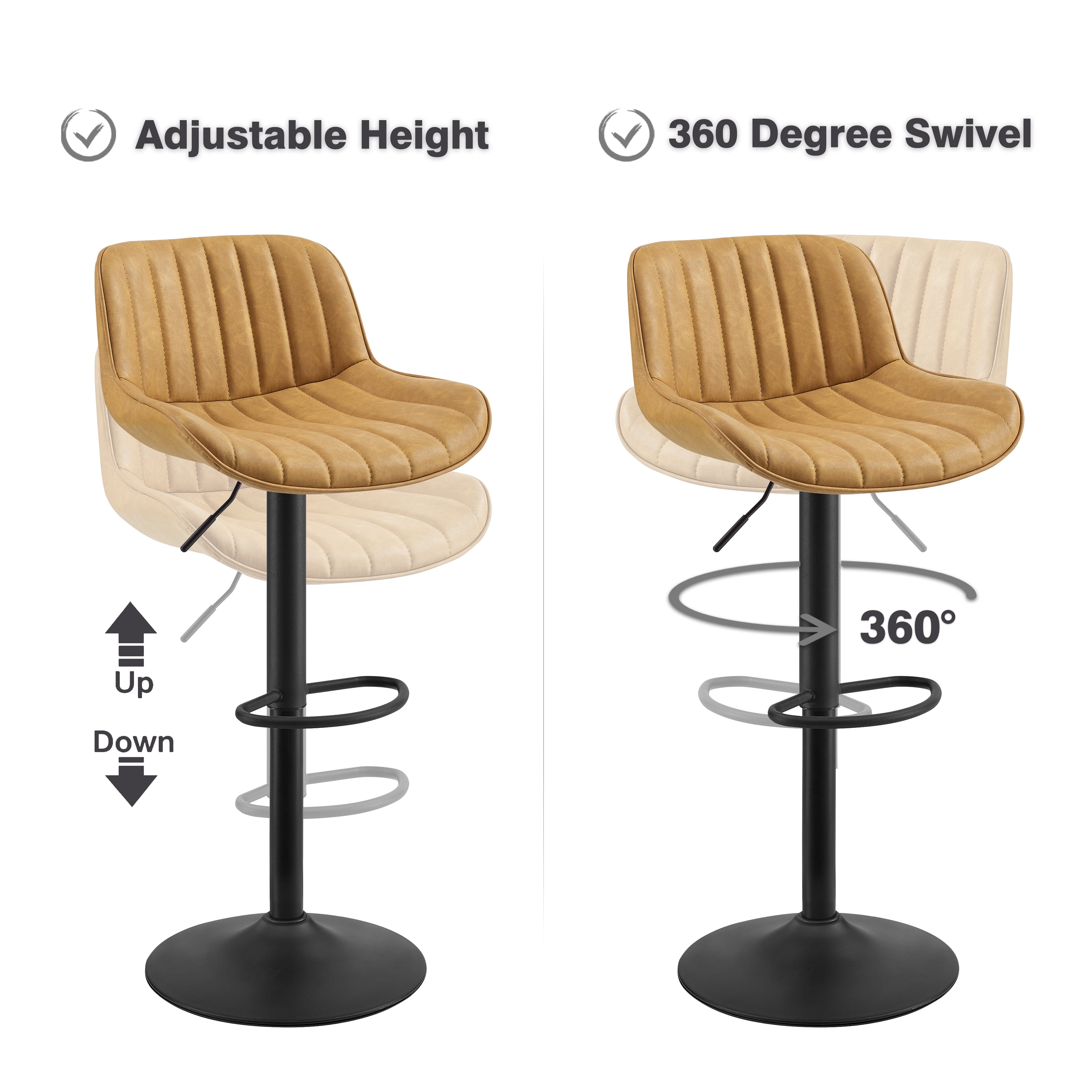 Art Leon Rustic Bar Stools Set of 2, Faux Leather with Backrest Chrome Legs, Upholstered Swivel Kitchen Stools, Yellow
