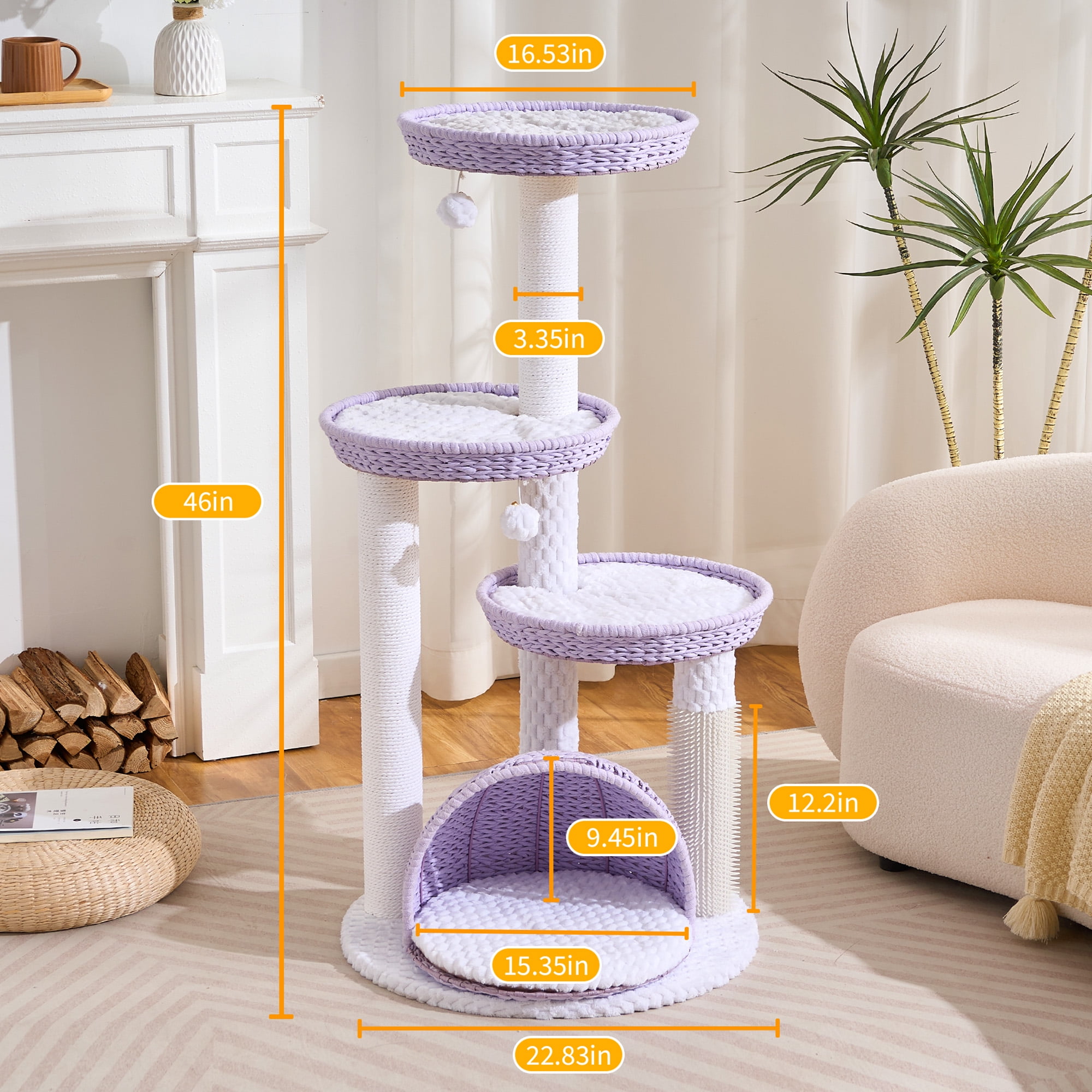 HITTITE Modern Cat Tree Tower with Scratching Post, 46 Inches Tall Cat Towers with Woven Cat Nests and Cave, Removable Cushions and Massage Brush for Indoor Cats Large Adult.