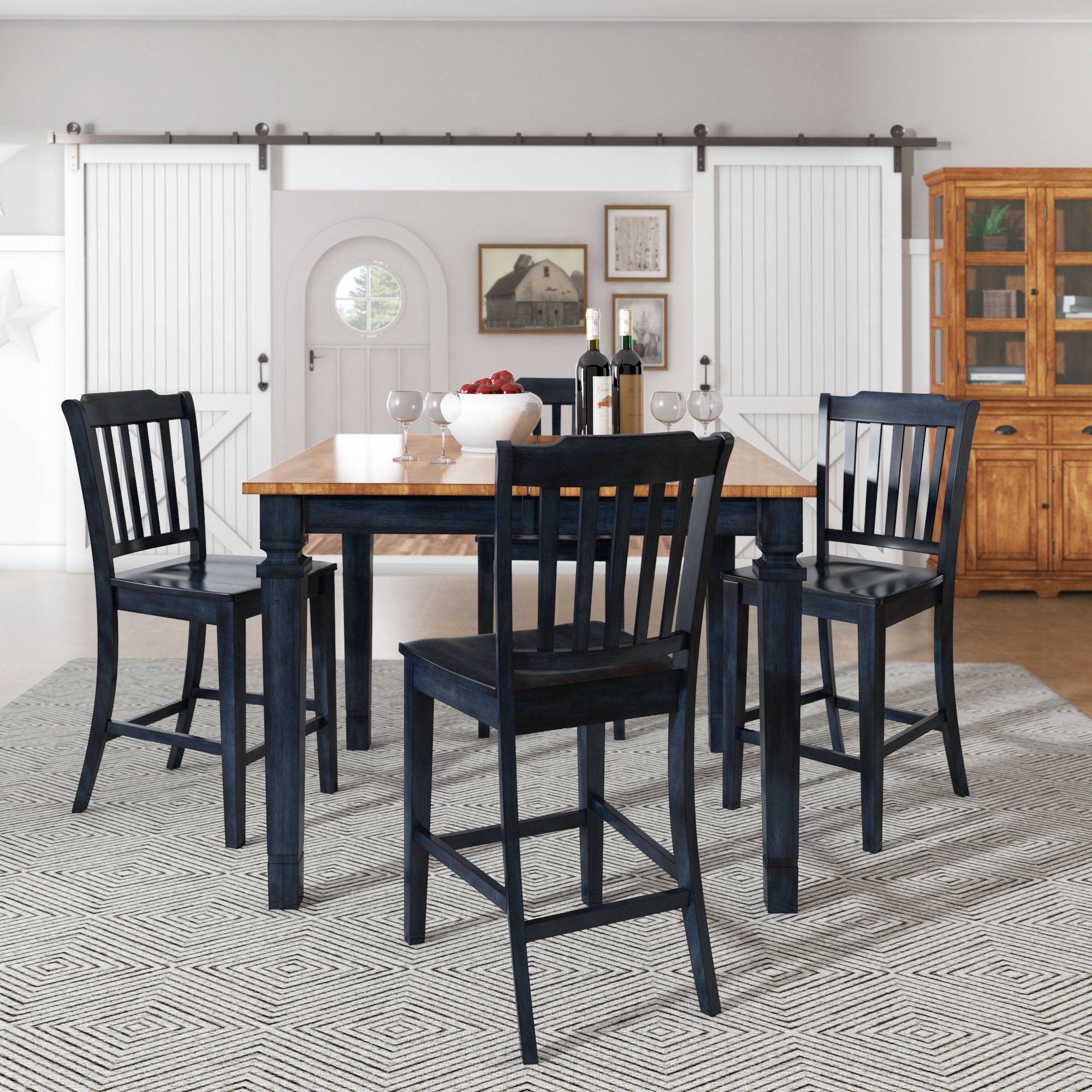 Weston Home Farmhouse Vintage Slat Back Solid Wood Counter Height Chair, Set of 2, Antique Denim