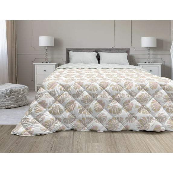 Abstract Down Alternative Comforter, Natural Theme Hand Drawn Trees Along Triangles and Circles Motifs, Microfiber Quilt for All Season, 5 Sizes, Multicolor Pale Vermilion, by Ambesonne