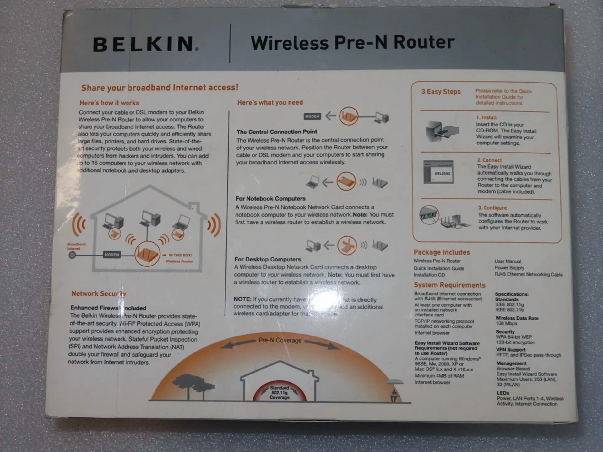 CRESTIN- New Belkin Wireless F5D8230-4 Pre-N 4-Port Router