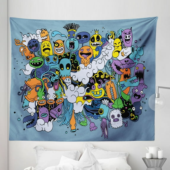 Indie Tapestry, Group of Funky Monsters Society Different Expressions Abstract Groovy Doodle Style, Fabric Wall Hanging Decor for Bedroom Living Room Dorm, 5 Sizes, Multicolor, by Ambesonne