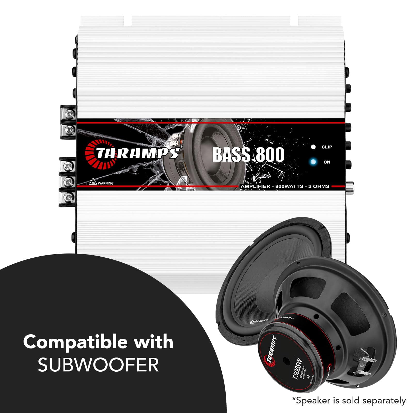 Taramps Bass 800 2 Ohms Monoblock Amplifier 800 Watts Rms 1 Channel 14.4VDC Out Power Full Range, Great for Sub/Bass - Rca/High Level Input, Car Audio