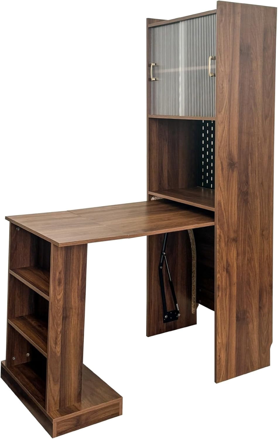 I Folding Home Office Desks with Pegboard, Glass Doors, Bookshelf & Storage Shelves, Modern Wooden Computer Table Workstation for Work, Study, Writin