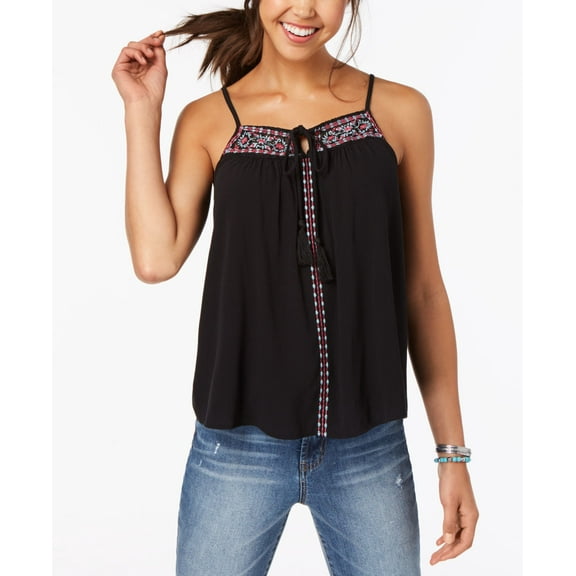 Almost Famous Juniors Embroidered Tie Front Tank Top Black L