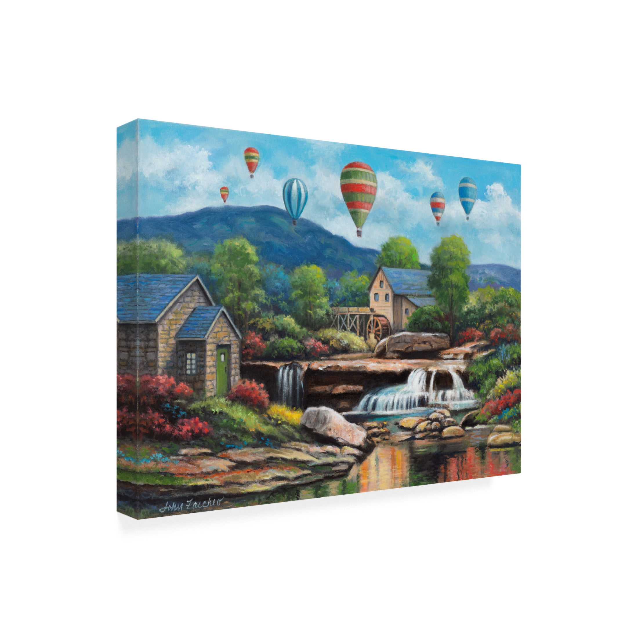 Canvas Wall Art - John Zaccheo 'Spring Balloons Over The Mill' Wall Art for Living Room, Bedroom, or Office Décor by Trademark Fine Art - 47 x 35 Inches