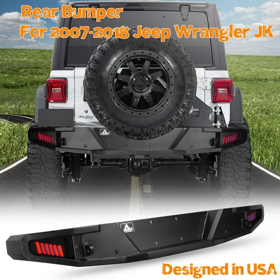 WOLFSTORM For 2007-2018 Jeep Wrangler JK Rear Bumper w/ LED Brake Lights Powder Coated