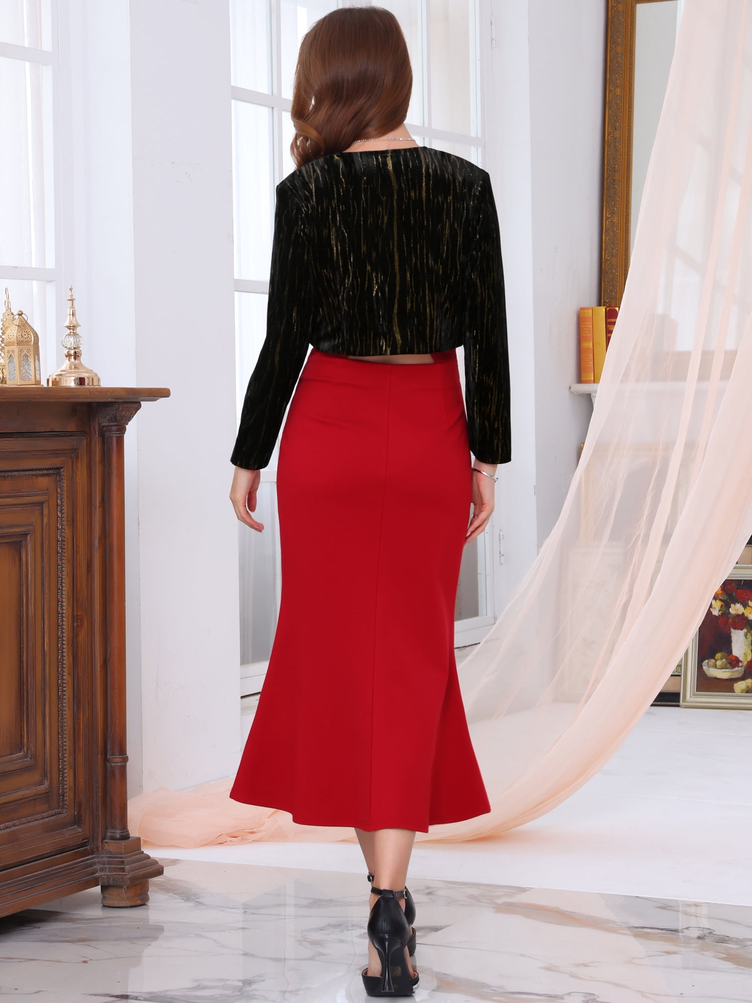 DARING DIVA Elegant Long Sleeve Velvet Gilding  Cocktail Bolero Shrug M Black