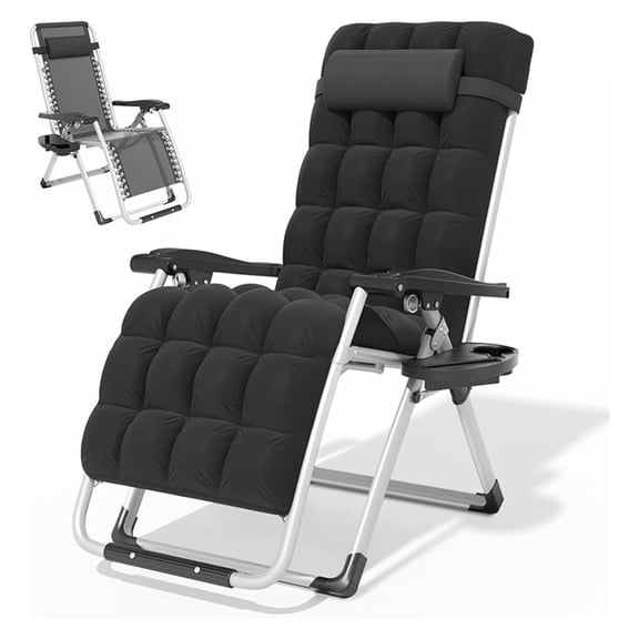 WDZS Zero Gravity Chair with Cushion, Reclining Outdoor Patio Lounge Chair, Folding Indoor Anti Gravity Recliner, Portable Lounger with Removable Cup Holder Side Tray and Pillow Headrest (Black)