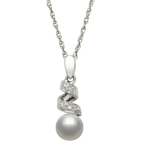 5-6mm Cultured Freshwater Pearl and Diamond Accent Sterling Silver Swirl Pendant, 18