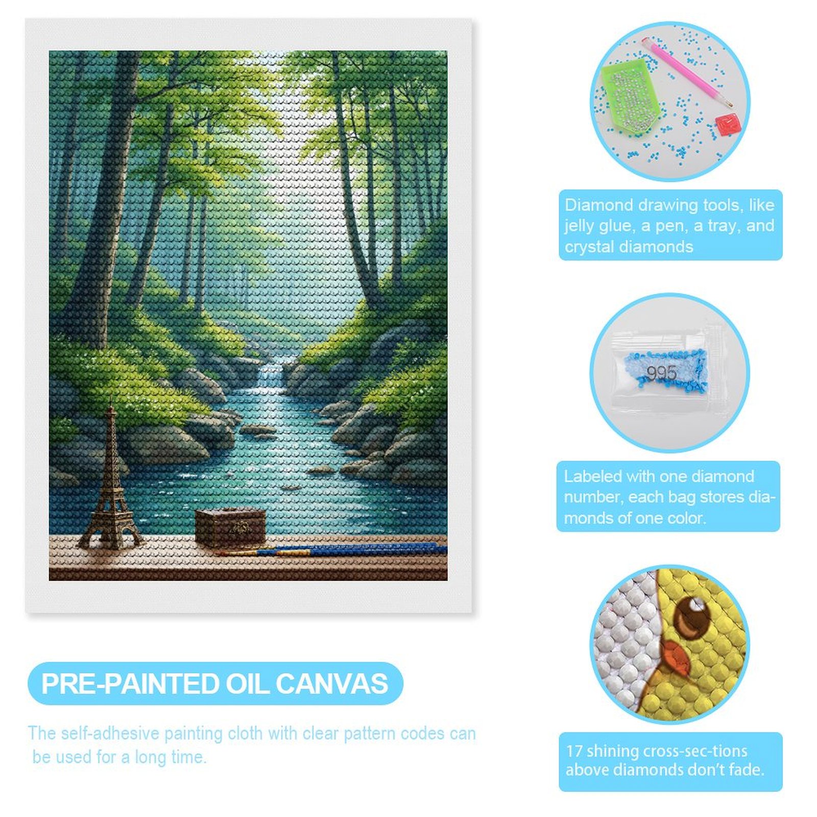 Diamond Art Kits for Adults, Serene Forest Stream Miniature Display 5D Diamond Painting Kits for Adults Beginners, DIY Full Drill Diamond Painting, Gem Art and Crafts 12x16