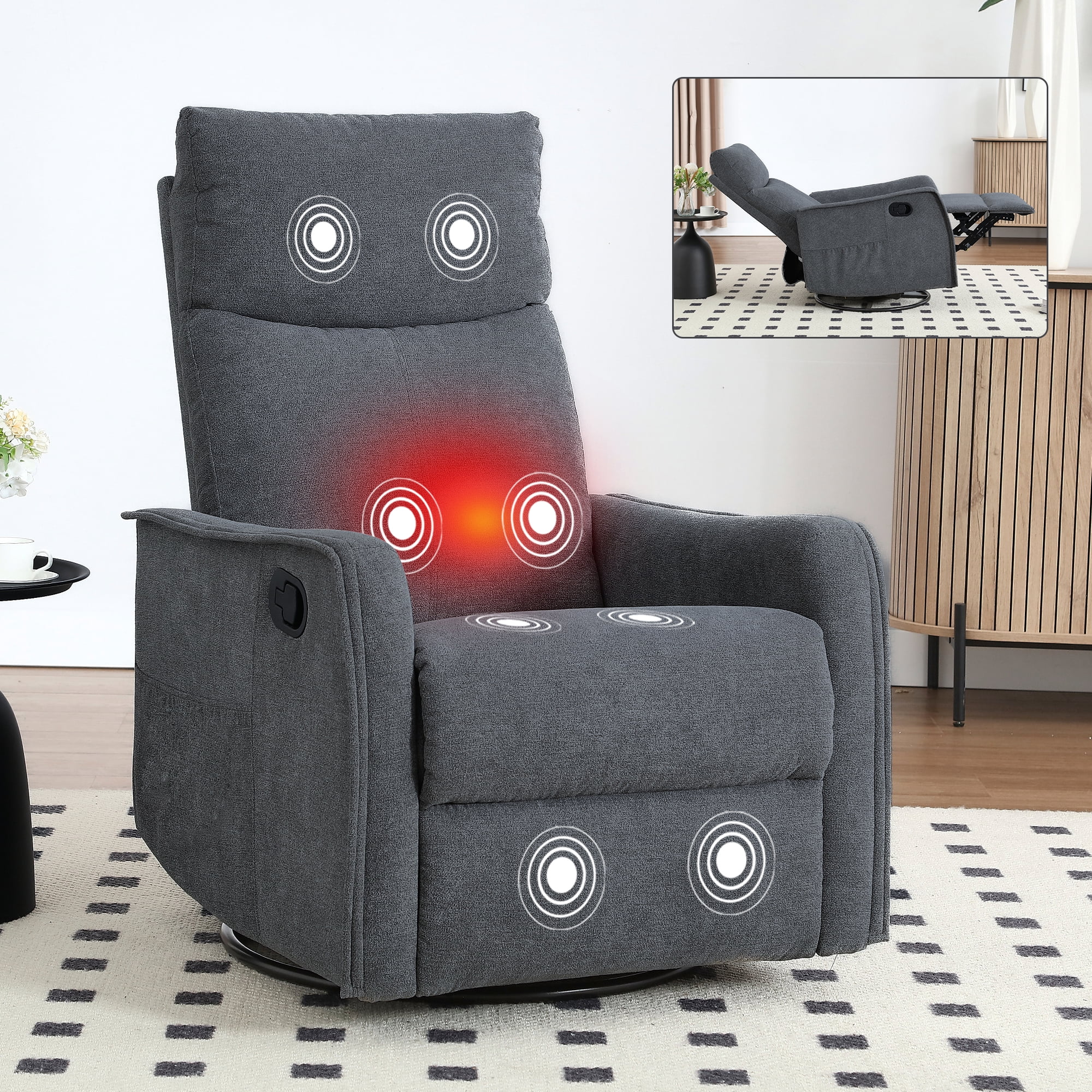 Gewnee Chenille Multifunctional Swivel Rocking Chair, 360° Swivel, Massage & Heating, for Living Room, Office and Home Theater,Grey