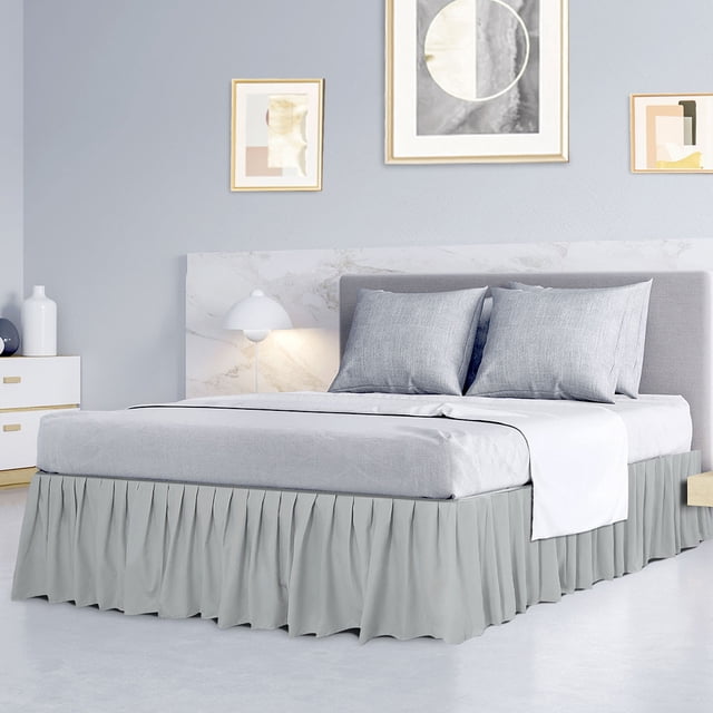 PiccoCasa Brushed Microfiber Bed Skirt, Elastic Dust Ruffle, Queen Light Gray