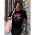 thumbnail image 2 of Women's T-Shirt Simple Cartoon Pink Flower Green Leaf Short Sleeve Casual Tee Classic Crew Neck T Shirt for Women Black, M, 2 of 7