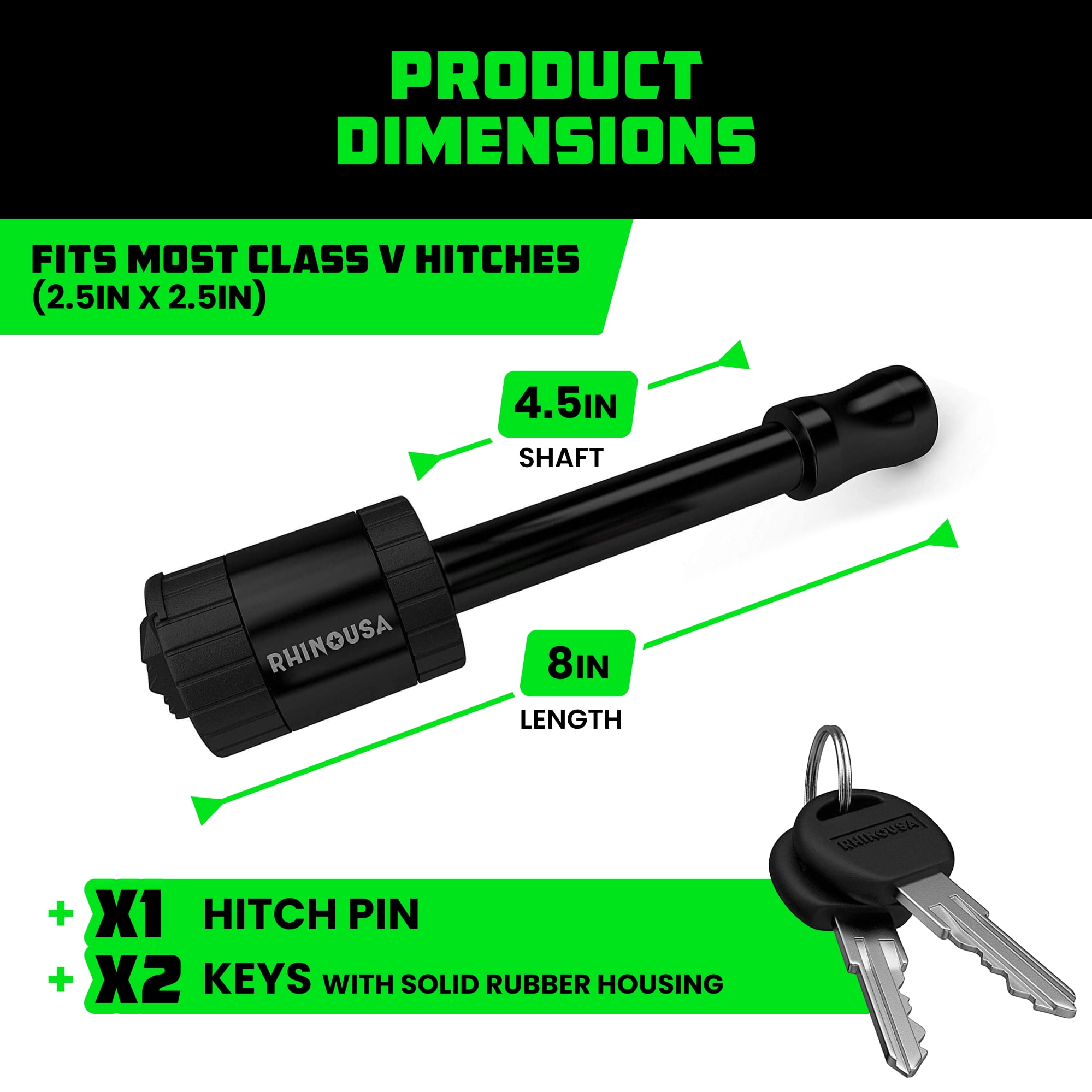 Rhino USA Trailer Hitch Pin (2.5 Inch) Patented 5/8" Locking Receiver Hitch Pins for Class V Hitches