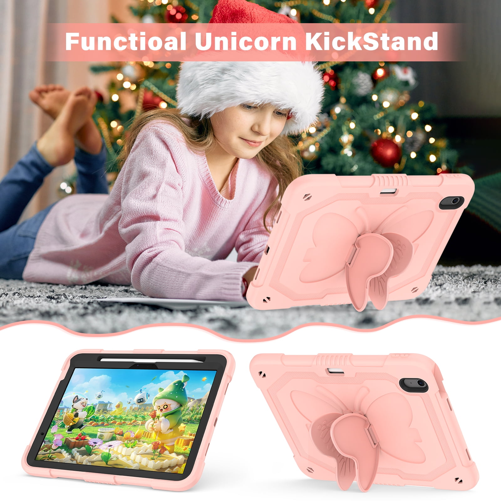 Dteck Kids Case for iPad Air 11 inch M2 2024,iPad Air 11 inch 2025 M3 Butterfly Kickstand Silicone Case Shockproof Armor Built-in Pencil Holder Kids Friendly Cover with Shoulder Strap,Pink