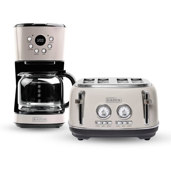 Haden Dorset 12 Cup Coffee Maker & 4 Slice Wide Toaster, Putty & Chrome