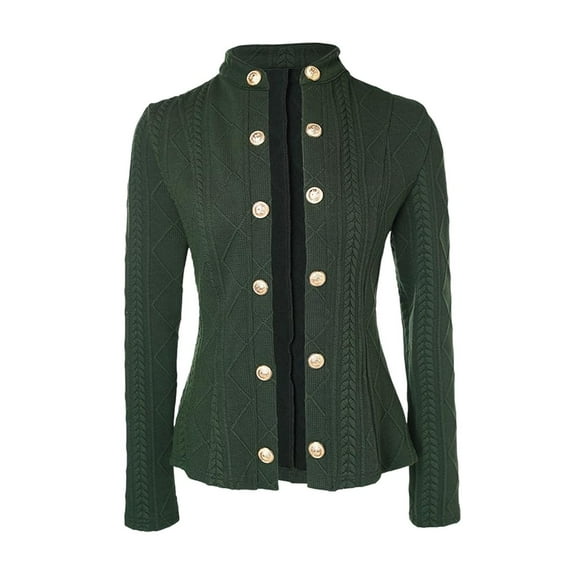 Women Argyle Cable Cardigan Light-Weight Cropped Coat Stand Collar Long Sleeve Metal Button Fall Jackets Green XL