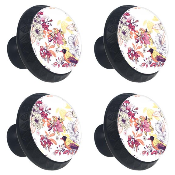 4 Pcs Floral and Bird Knobs for Kitchen Cabinet Cupboard Dresser Bookcase Drawer Pulls Handles Round Home Decor