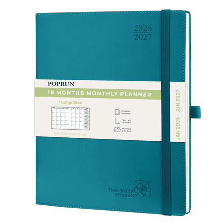 POPRUN Monthly Planner 2026-2027, Jan.2026 - Jun.2027, Large - 8.5" x 10.5", 18-Month Calendar Book, Calendar Planner with Monthly Tabs, Storage Pocket, Soft Cover, 100 GSM Paper - Pacific Green