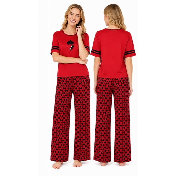 Descendant5 Red Pajamas 2 Piece Set,Movie Character Cosplay Short Sleeve Top & Wide Leg Pants Loungewear,Halloween Sleepwear for Girls and Women,Size S