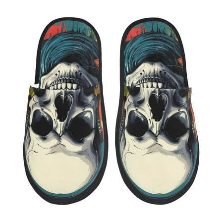 Balery Modern Hip-Hop Skull Slient Indoor Furry Fleece Comfort House Shoes Soft Non-Slip Home Shoes Cotton slippers House Slippers-- Large
