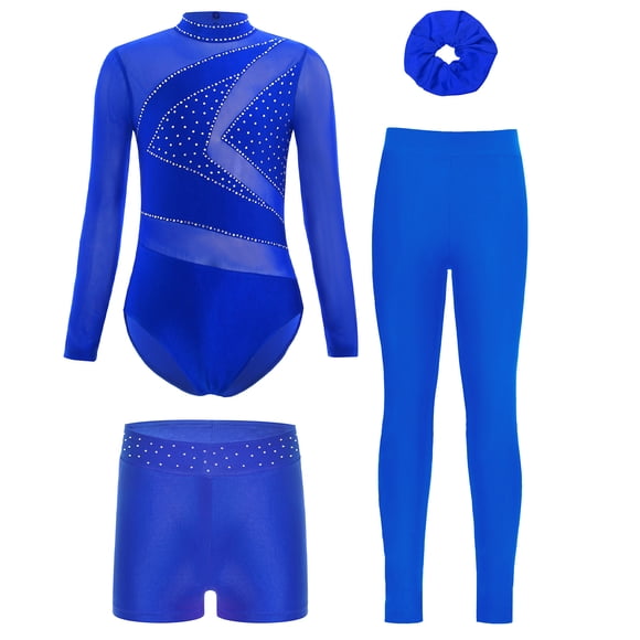 Runhomal Ensemble de Gymnastique 4 Pcs pour Filles Enfants Justaucorps à Manches Longues à Col Montant avec Shorts Leggings pour Danse Ballet Bleu 6