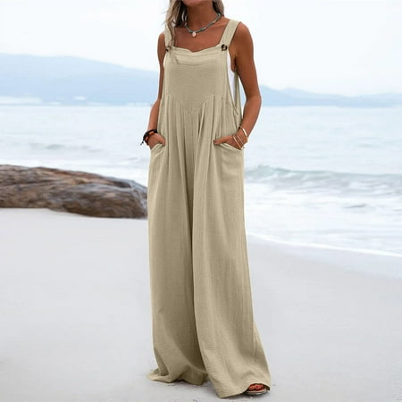 

Yubatuo Women s One Piece Button Up Jumpsuit Casual Loose sleeveless Rompers With Pockets Beige XL