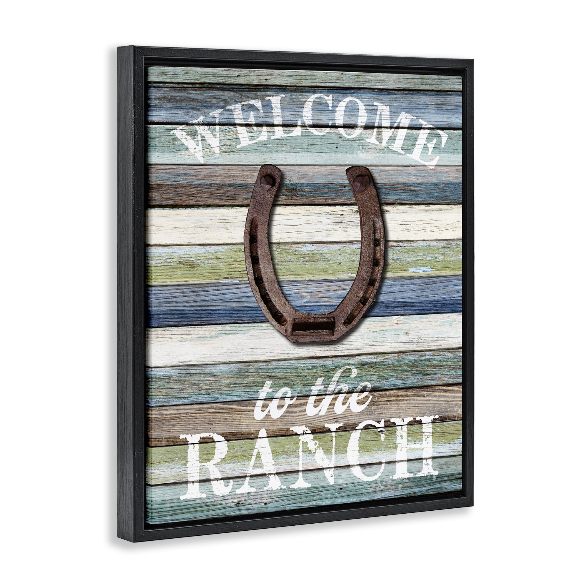 Stupell Industries Welcome Ranch with Horseshoe Text & Numbers Painting Black Floater Framed Canvas Art Print Wall Art, 25 x 31