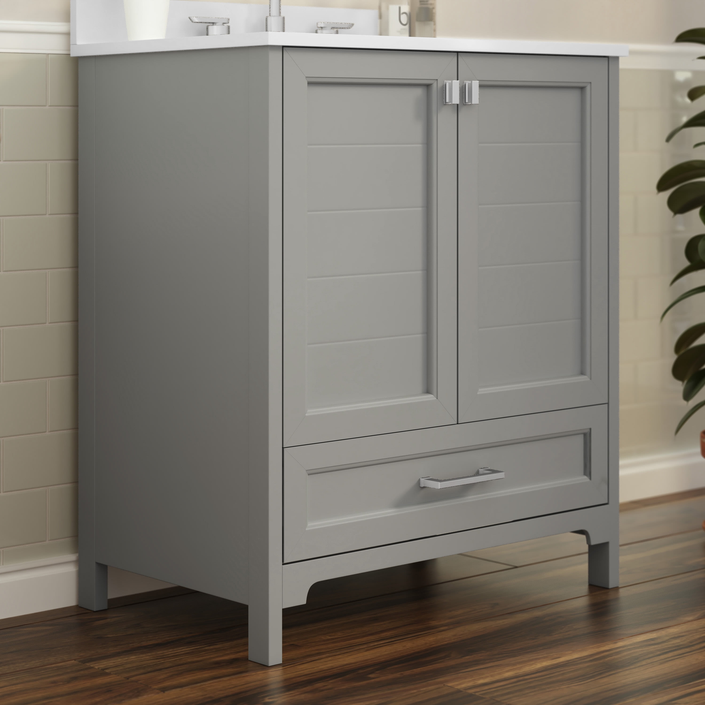 BizChair 30 Inch Bathroom Vanity with Sink, Storage Cabinet with Soft Close Doors and Bottom Drawer, Carrara Marble Finish Countertop, Gray