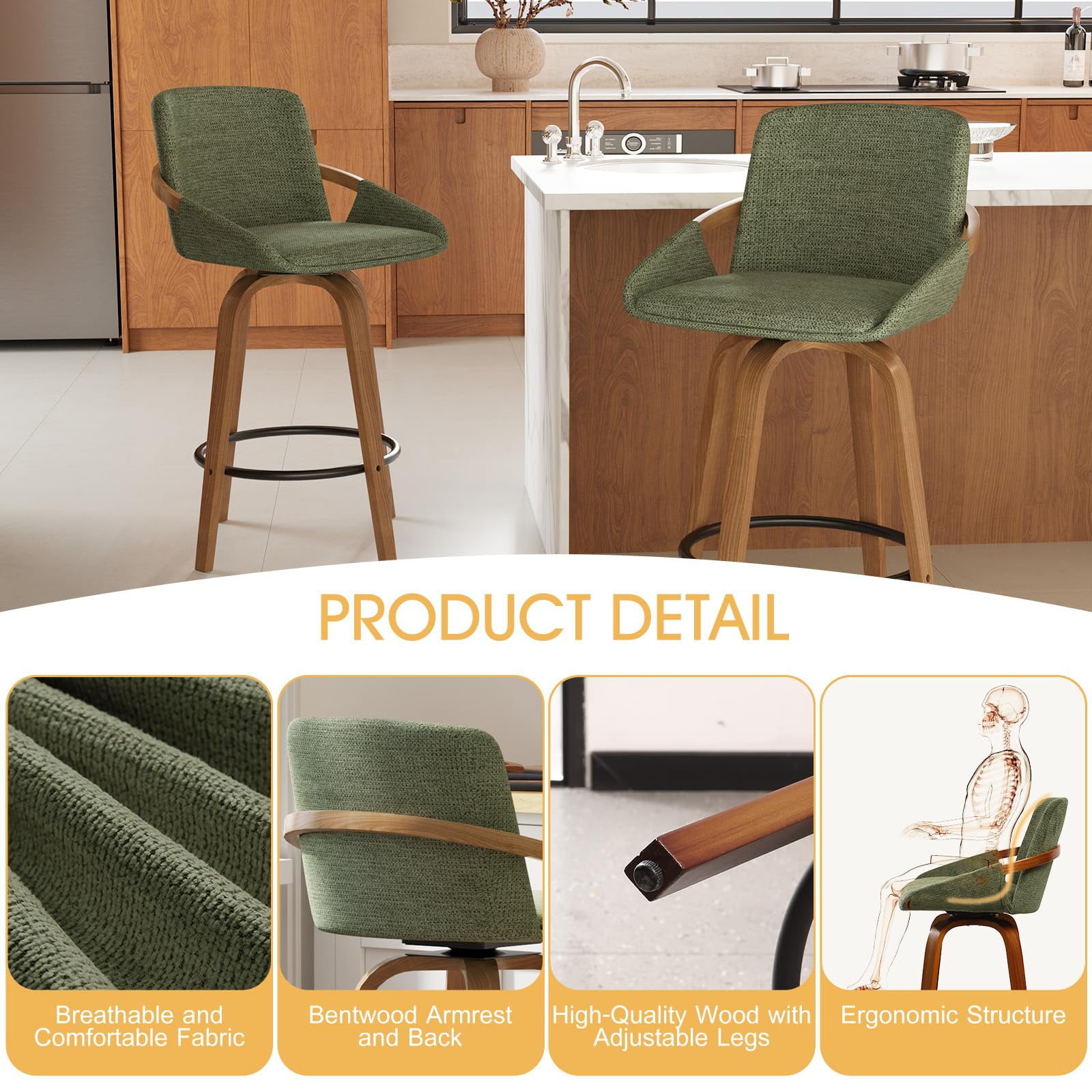 JULY'S SONG 26" Swivel Counter Height Bar Stools with Back Sets of 2, Mid Century Barstools with Wooden Legs, Green