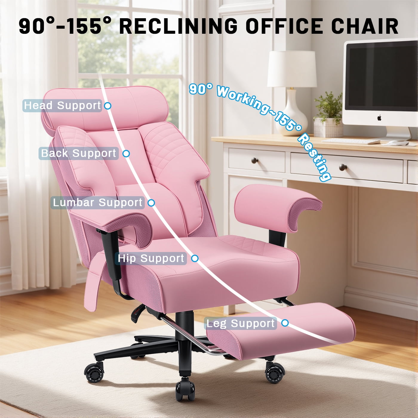 Hoffree Big and Tall Office Chair 500lbs, Reclining Ergonomic Desk Chair with Adjustable Lumbar Support, Arms and Headrest, Executive Leather High Back Computer Chair with Footrest for Home, Pink