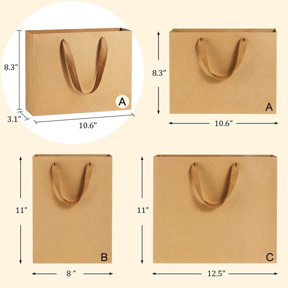 Heavy Duty Kraft Paper Gift Bags 50Pcs 10.6x3.1x8.3 with Handles for Wedding, Party, Retail & Shopping