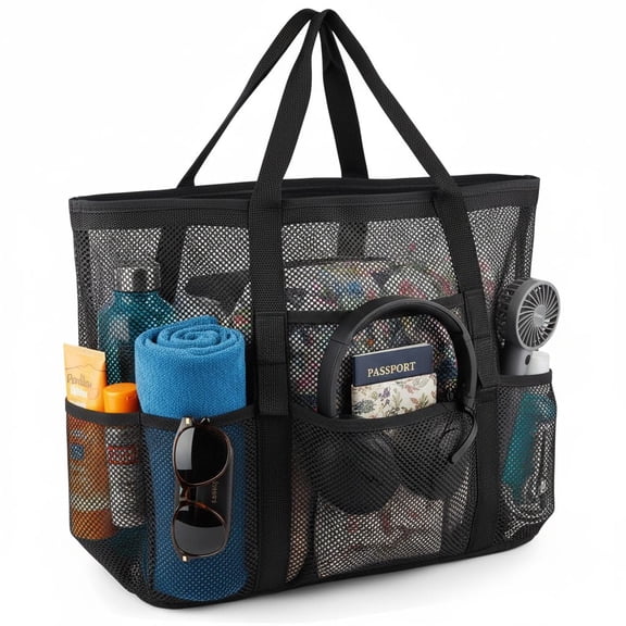 Mesh Beach Bag Large Beach Tote Bag for Family Beach Bag for Toys Pool Bag for Family Travel Vacation Cruise Essentials Black