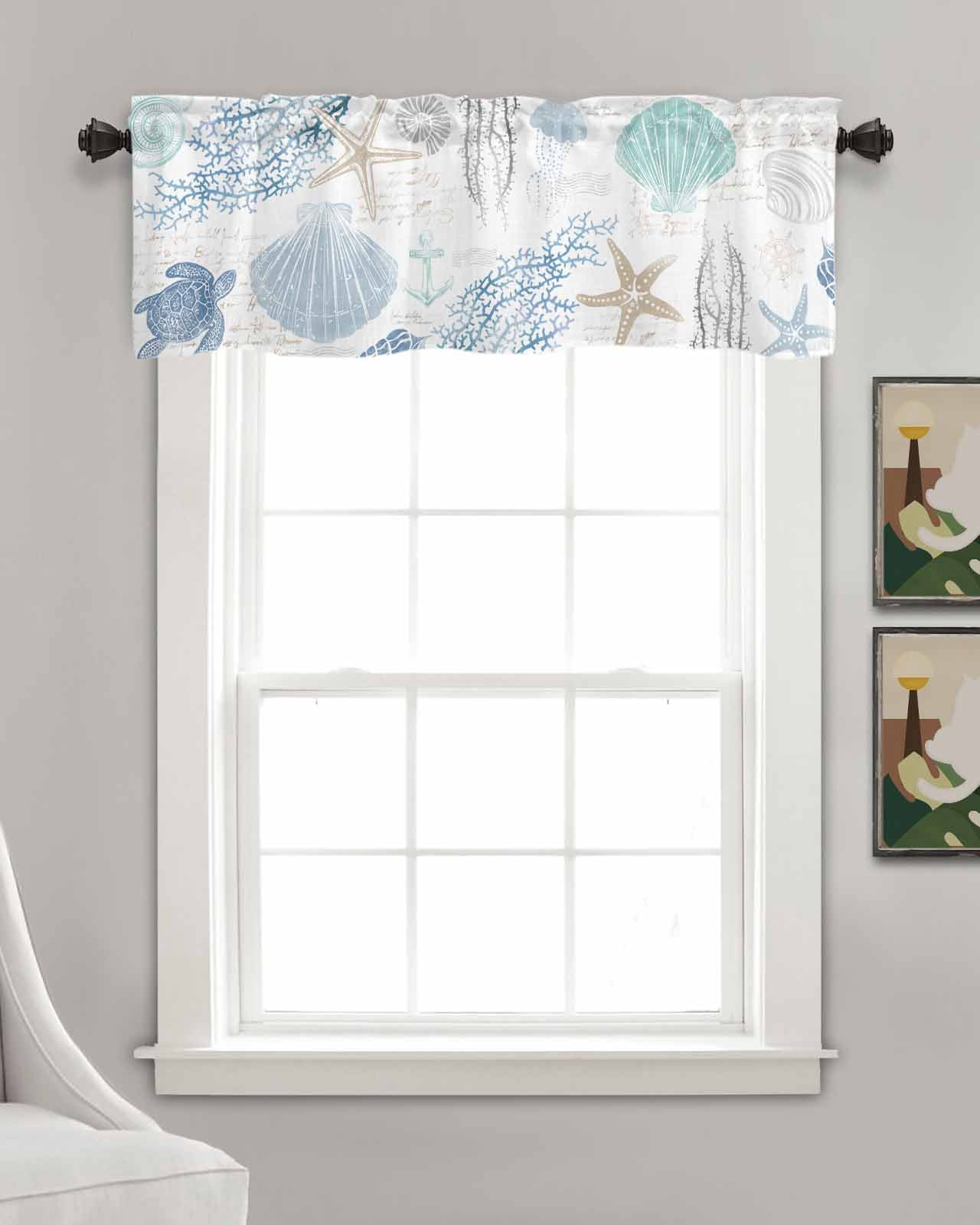 Coastal Blue Linen Curtain Valance for Bedroom/Bathroom/Kitchen/Living/Dining Room Window,Nautical Turtle Shell Starfish Anchor Coral Pocket Topper Drapes Decorative Cafe Drapery Panel 42"x18"