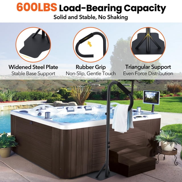 BeesClover Hot Tub Handrail, 360° Rotatable Spa Side Handrail with 35"~57" Adjustable Height, Hot Tub Hand Rail with Slide-Under Base and Non-Slip Grip for Indoor & Outdoor, 600LBS Capacity
