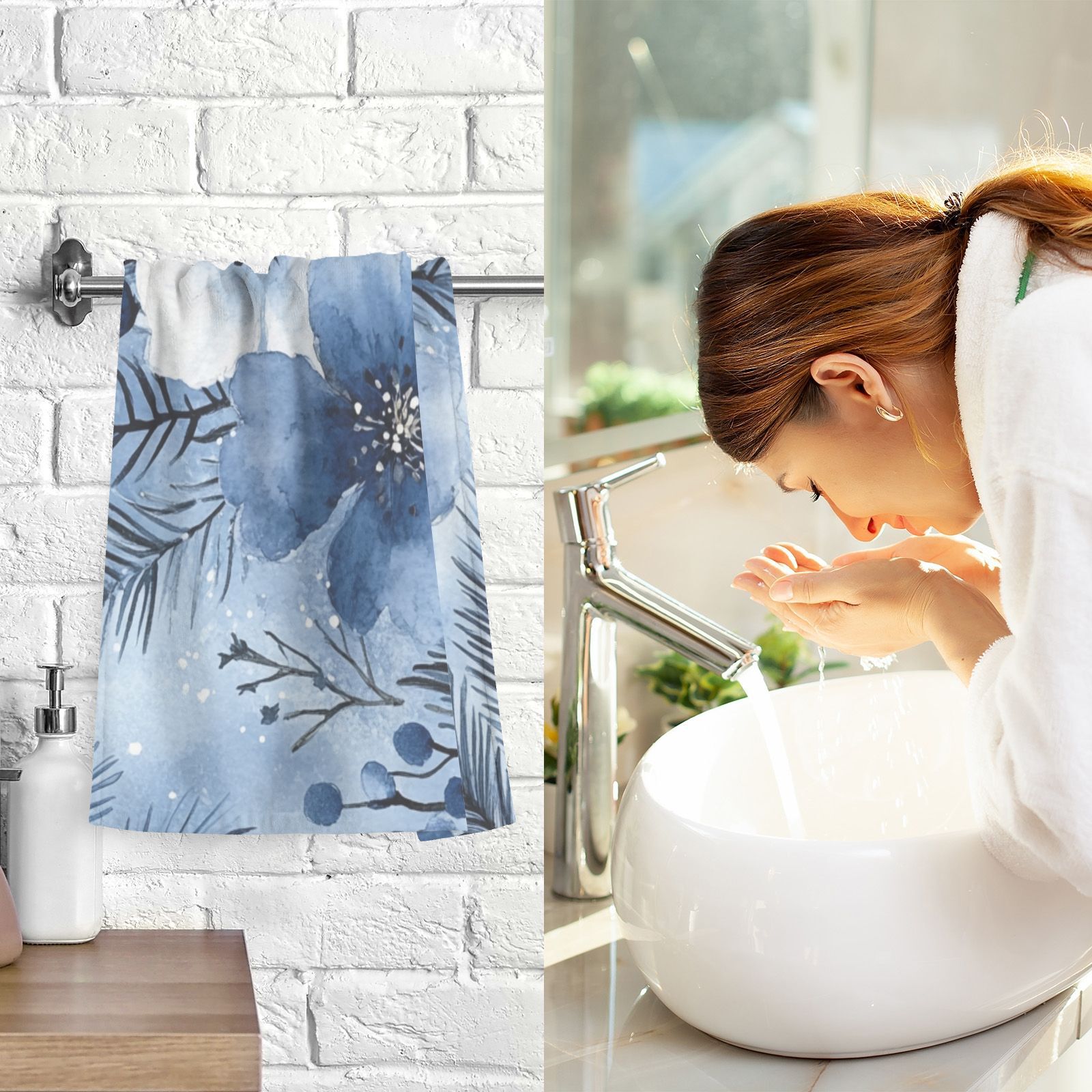 Blue and White Flowers Hand Towels Cotton Bath Towels Large Face Towels Absorbent for Bathroom 2 Packs