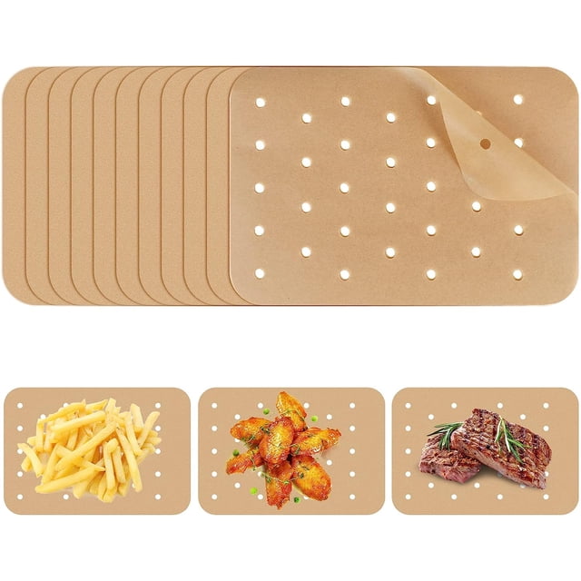 200 hojas de papel pergamino para freidora de aire Ninja Foodi Dual Air Fryer, láminas perforadas antiadherentes 21 x 14 cm. Vista apilada con una hoja levantada que muestra orificios circulares y textura lisa resistente al aceite y al agua; pequeños recuadros muestran papas fritas, alitas y filete sobre las láminas. También útil para cocinar al aire libre o llevar en viajes.
