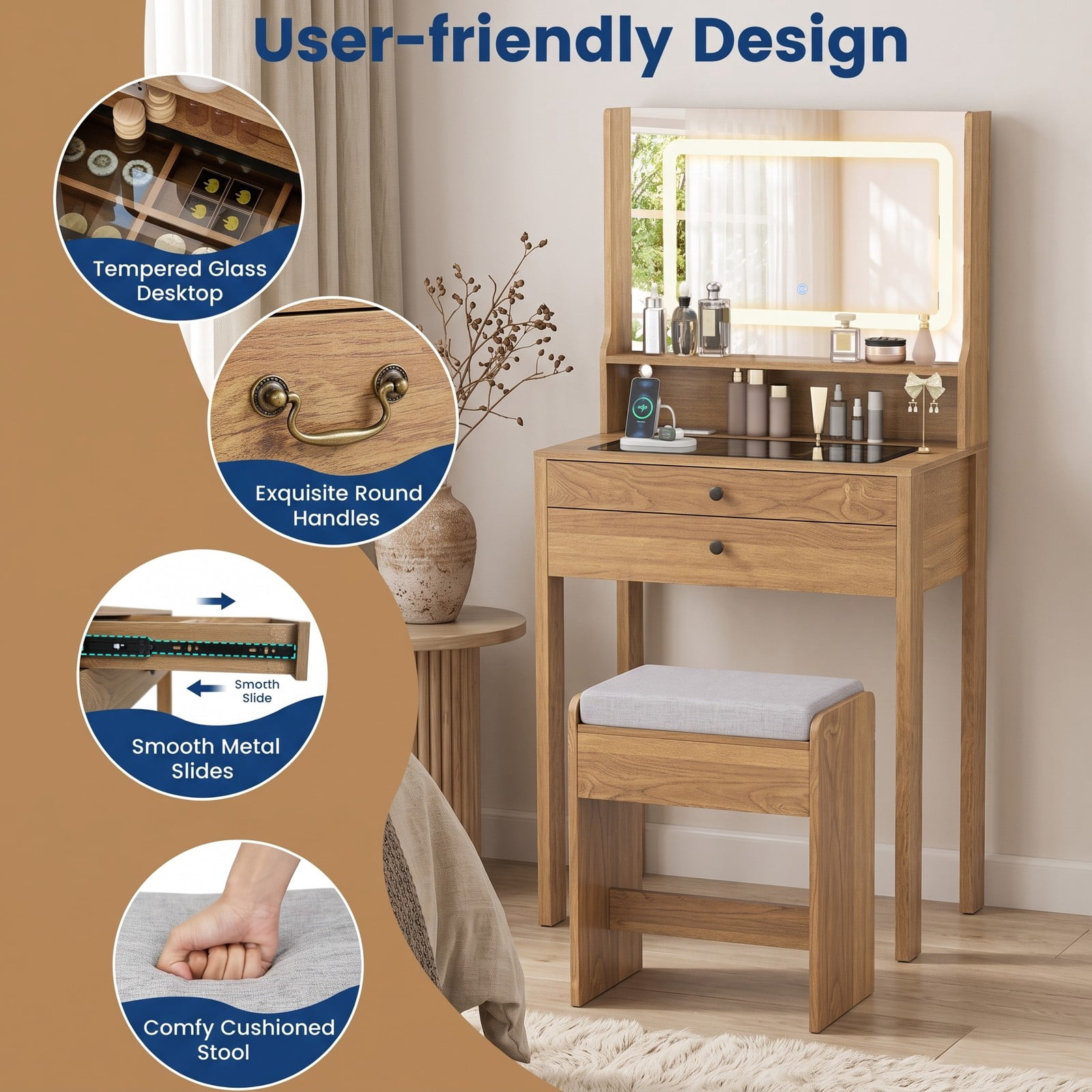 Furnibear Small Vanity Desk with 3 Mode Lighted Mirror and Charging Outlets and Cushioned Storage Stool for Small Bedroom and Makeup, Natural