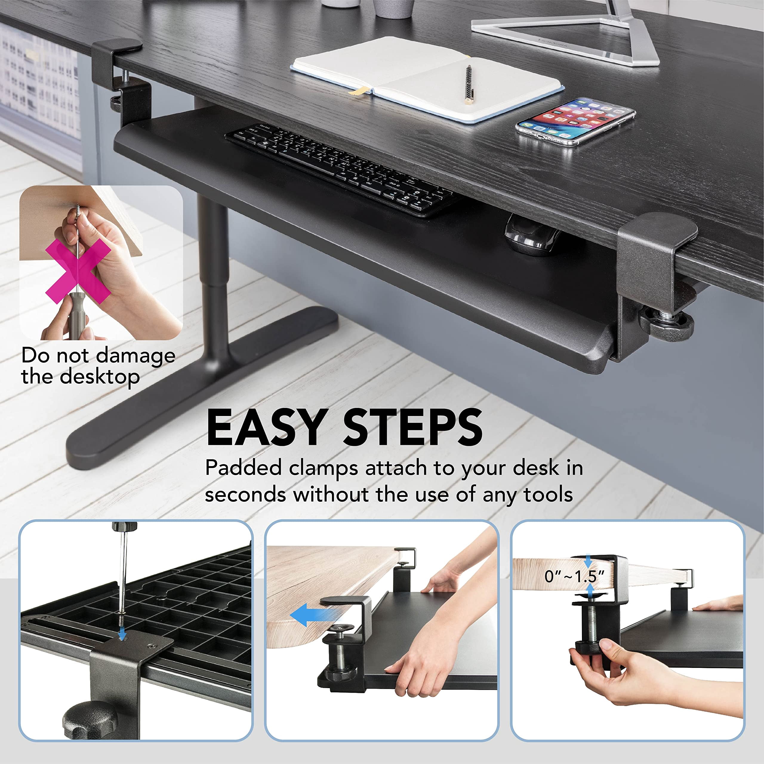 Under Desk Tray  Large 27.5" X 12.2" Slide-out Clamp-on Drawer With Steel C-clamps Platform Fits Full-size And Mouse Tool-free Installation Taa-compliant