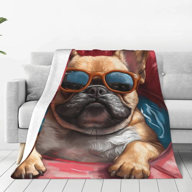 Fotbe French Bulldog In Sunglasses Manta de Franela Acolchonada con Estampado, Súper Suave y Esponjosa, Extra Grande para Sofá, Cama, Uso Todo el Año-80"x60"