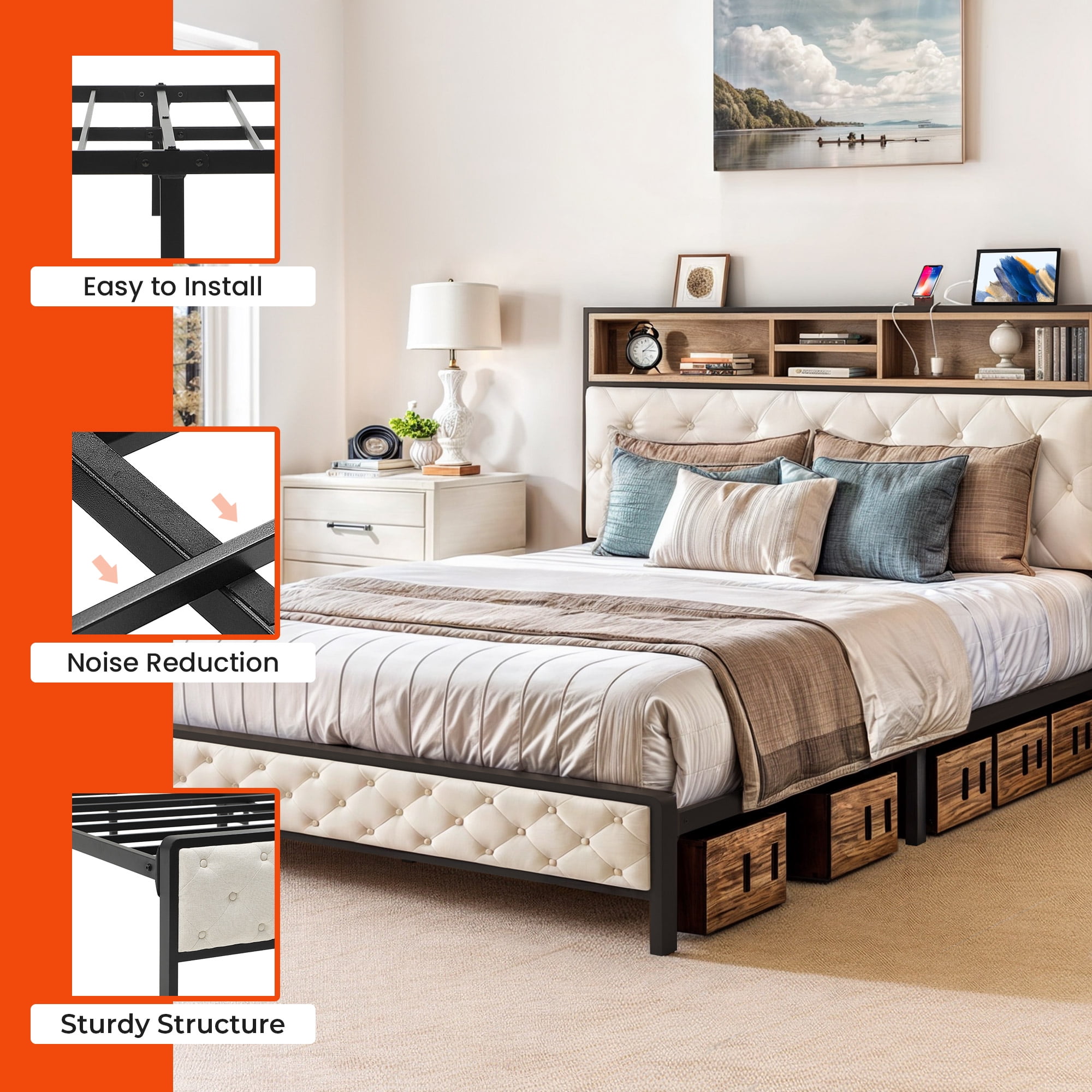 Uforic Beige Queen Size Platform Bed Frame with Upholstered Storage Headboard, Built-in Charging Station, and Metal Slats, No Box Spring Required