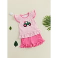 thumbnail image 5 of BemeyourBBs Toddler Baby Girls Summer Outfits Infant Baby Girl Clothes 1T 2T 3T 4T Tractor Embroidery Striped Fly Sleeves T Shirt Tops and Elastic Ruffles Shorts Set, 5 of 9