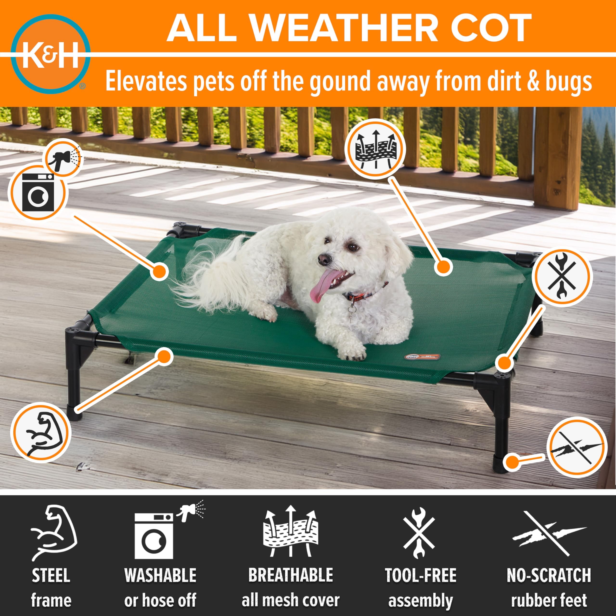 K&h Outdoor Elevated Dog Bed - Raised For Small & Medium Pets  Breathable Mesh Hammock Design Indoor/outdoor Washable Cover Portable Metal Frame Green 32x25in