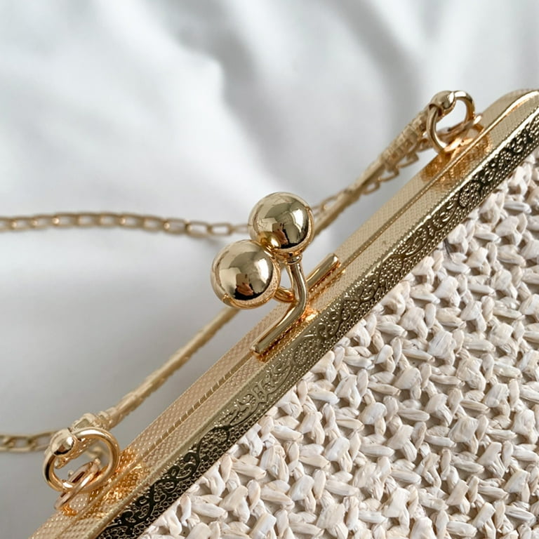 Yucurem Chain Women Evening Bag Weaving Ladies Clutch Purse for Wedding Party Beige