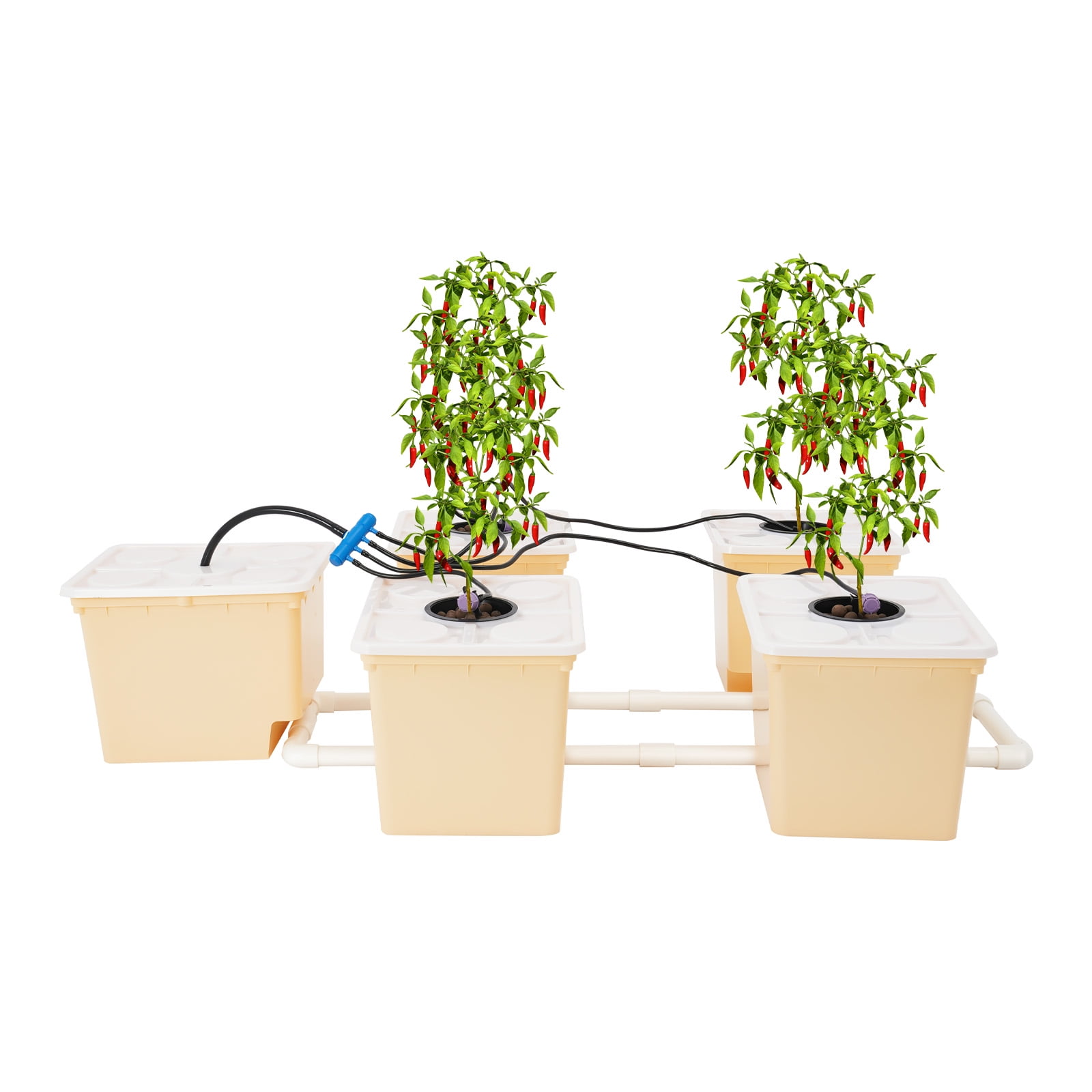 5 Bucket DWC Hydroponic Growing System, PP&UV Material Indoor Outdoor Drip Irrigation Kit with 11L Capacity Per Bucket, Complete Accessories Included for Vegetables Herbs Flowers