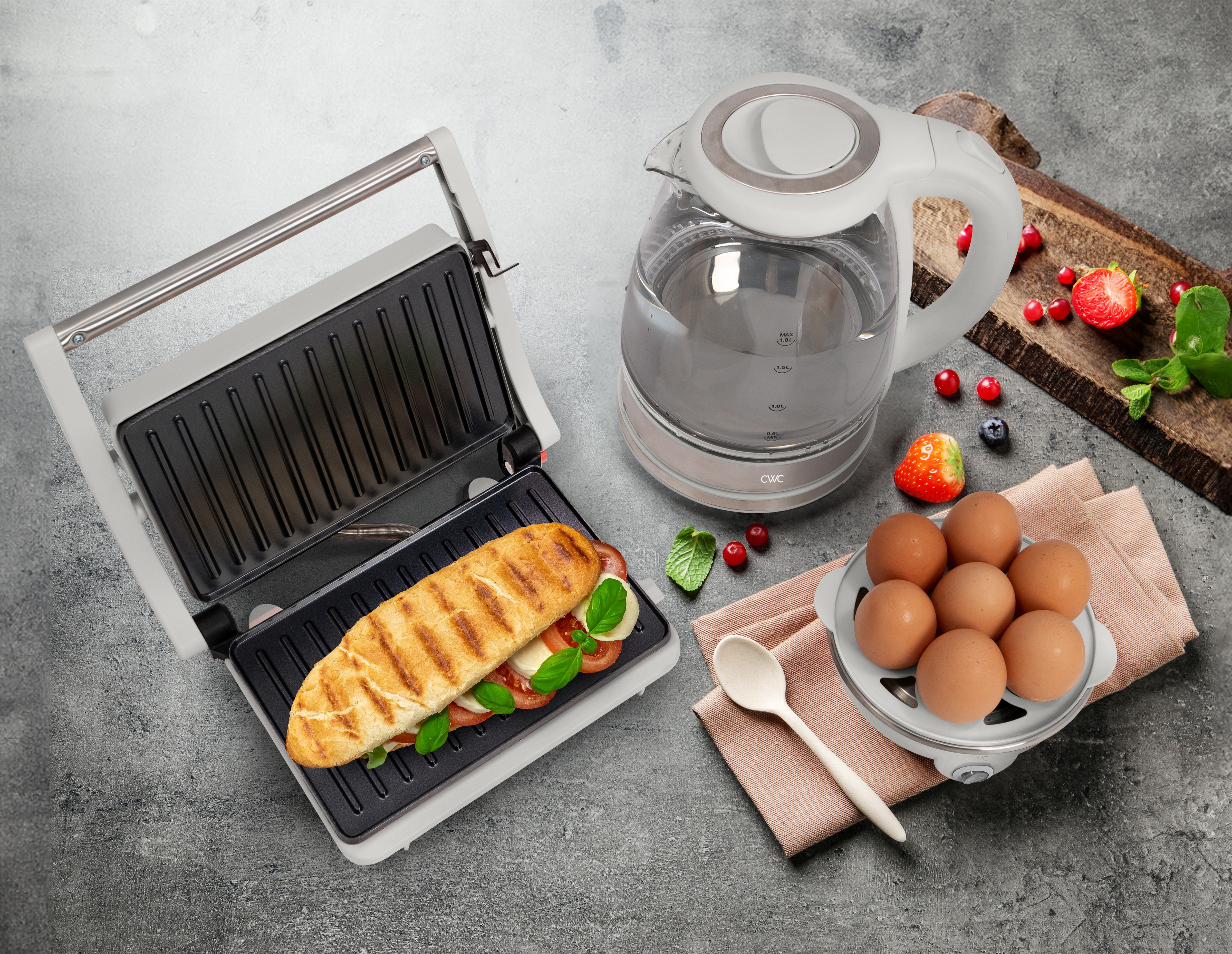 COOK WITH COLOR Compact Egg Boiler, Glass Kettle, & Panini Kitchen Grill Set, 3-piece set, Cream