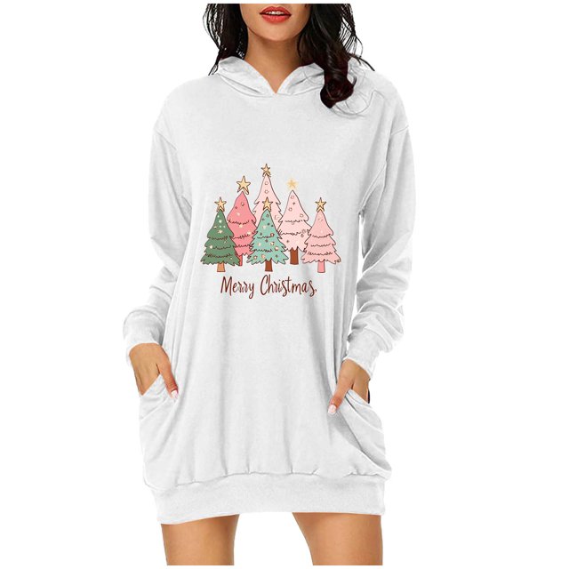 Pisexur Robes pour Femmes Imprimé Arbre de Noël Sweat à Capuche Robe de Soirée Décontractée Manches Longues Mini Robes de Vacances d'Automne pour Femmes avec Poches